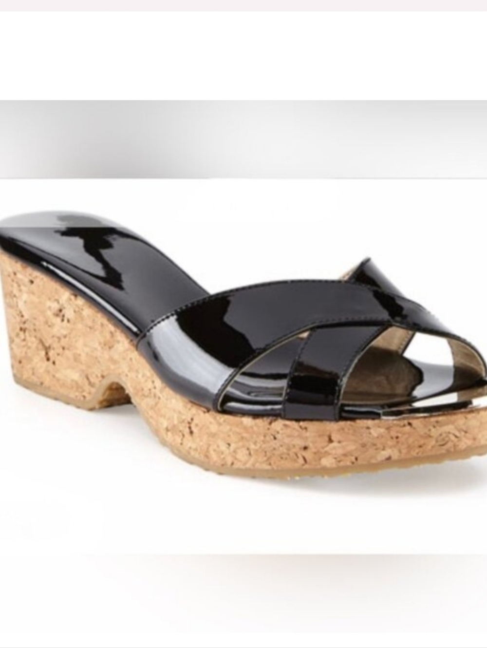 Jimmy Choo Panna Patent Leather Metal Logo Slide Sandal Shoe Cork Wedge Platform